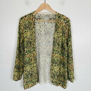 Soft Surroundings Women's Open Front Cardigan Size L Green Leopard Animal Print